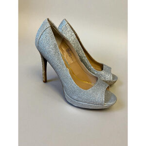 THALIA SODI Lenna Pumps Women's Silver Rhinestone Stiletto Open Toe Size 8.5